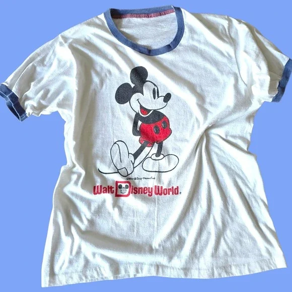 Vintage 70s Walt Disney World Ringer T-Shirt Mickey Mouse Single Stitch White...